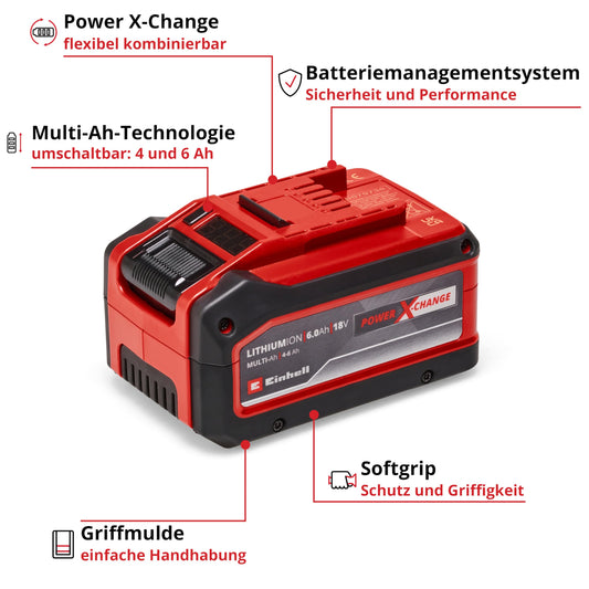 Original Einhell 18V 4-6Ah Multi Ah Power X-Change PLUS (18V, verwendbar für alle PXC-Geräte, Ladezustandsanzeige, aktives Batteriemanagementsystem ABS, situativ angepasste Ladezyklen, ohne Ladegerät)