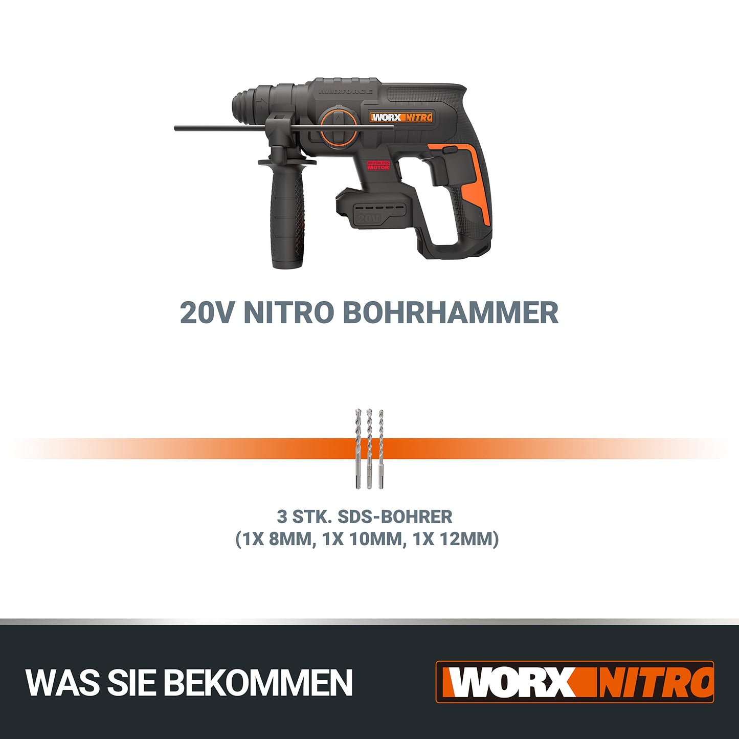 WORX NITRO WX381.9 Akku Bohrhammer 20V- bürstenloser Motor - multifunktionales Werkzeug zum Bohren, Hammerbohren & Meißeln - Komfort dank Anti-Vibration & ergonomisches Designs - ohne Akku & Ladegerät