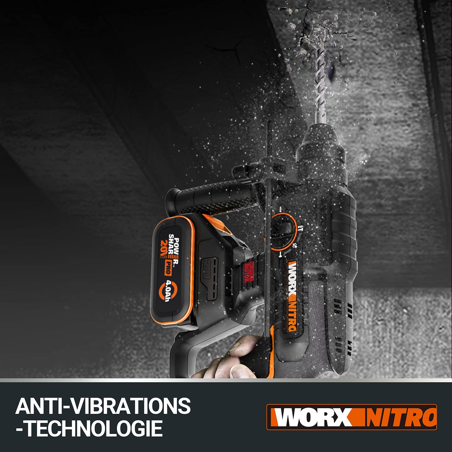 WORX NITRO WX381.9 Akku Bohrhammer 20V- bürstenloser Motor - multifunktionales Werkzeug zum Bohren, Hammerbohren & Meißeln - Komfort dank Anti-Vibration & ergonomisches Designs - ohne Akku & Ladegerät