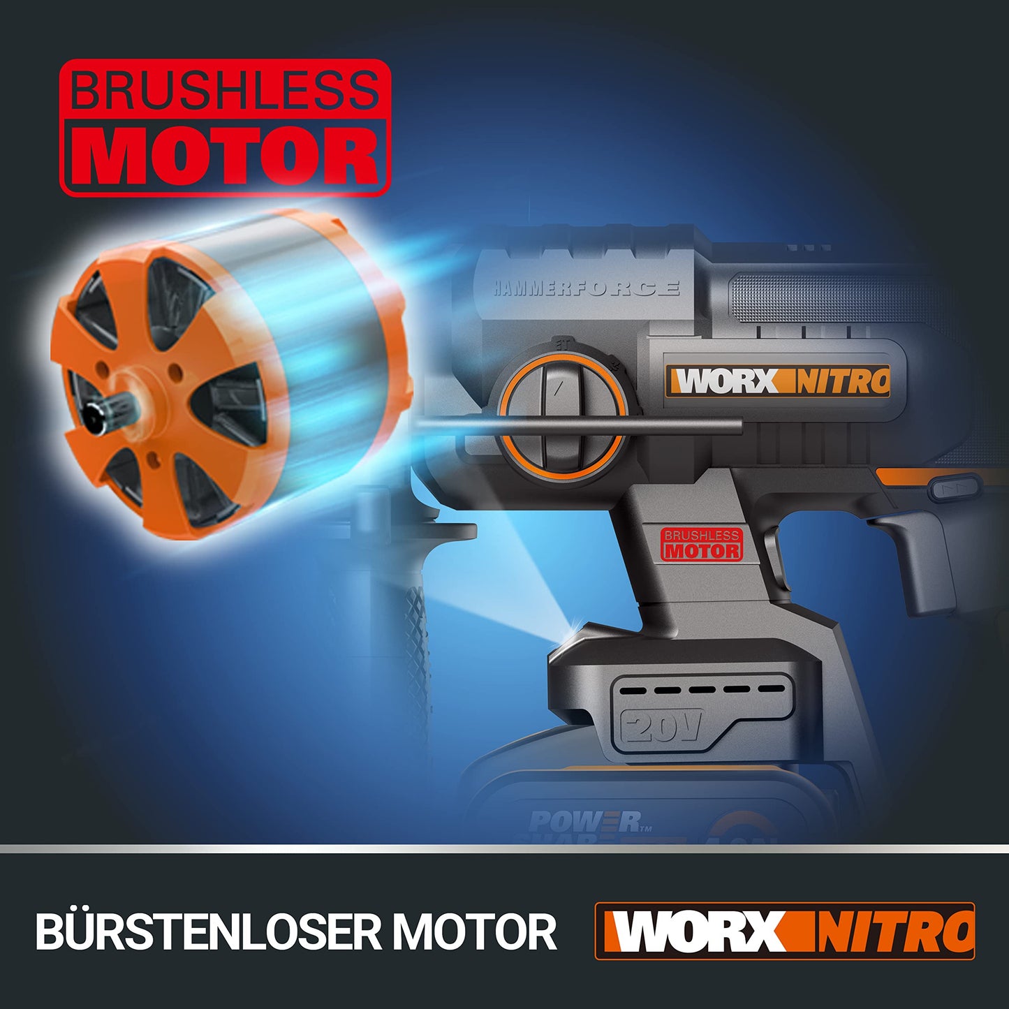 WORX NITRO WX381.9 Akku Bohrhammer 20V- bürstenloser Motor - multifunktionales Werkzeug zum Bohren, Hammerbohren & Meißeln - Komfort dank Anti-Vibration & ergonomisches Designs - ohne Akku & Ladegerät