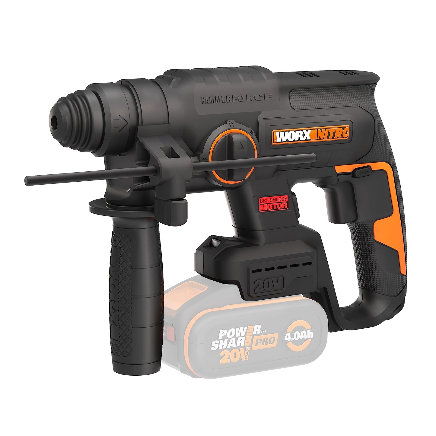 WORX NITRO WX381.9 Akku Bohrhammer 20V- bürstenloser Motor - multifunktionales Werkzeug zum Bohren, Hammerbohren & Meißeln - Komfort dank Anti-Vibration & ergonomisches Designs - ohne Akku & Ladegerät