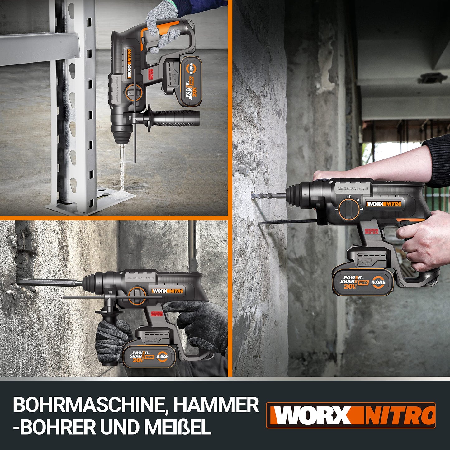 WORX NITRO WX381.9 Akku Bohrhammer 20V- bürstenloser Motor - multifunktionales Werkzeug zum Bohren, Hammerbohren & Meißeln - Komfort dank Anti-Vibration & ergonomisches Designs - ohne Akku & Ladegerät