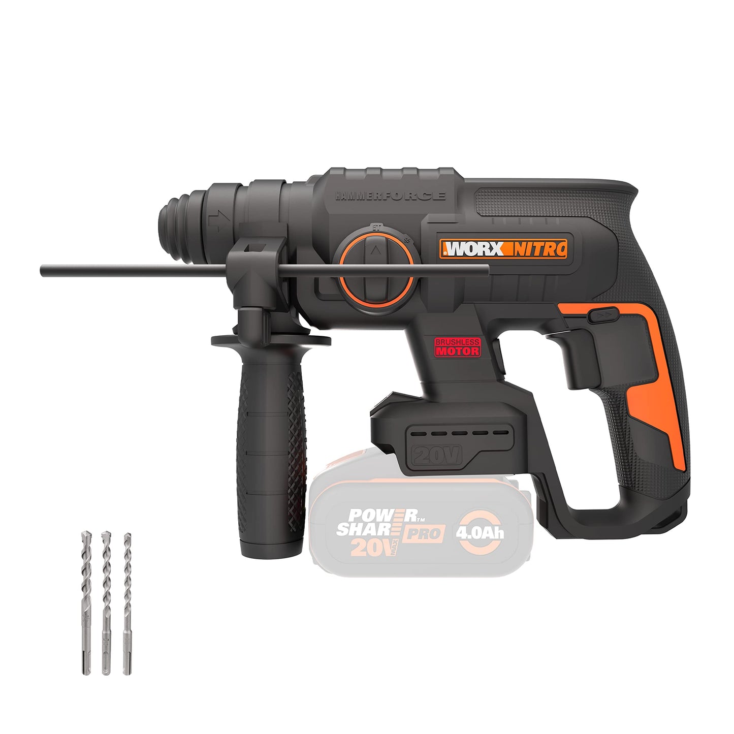 WORX NITRO WX381.9 Akku Bohrhammer 20V- bürstenloser Motor - multifunktionales Werkzeug zum Bohren, Hammerbohren & Meißeln - Komfort dank Anti-Vibration & ergonomisches Designs - ohne Akku & Ladegerät