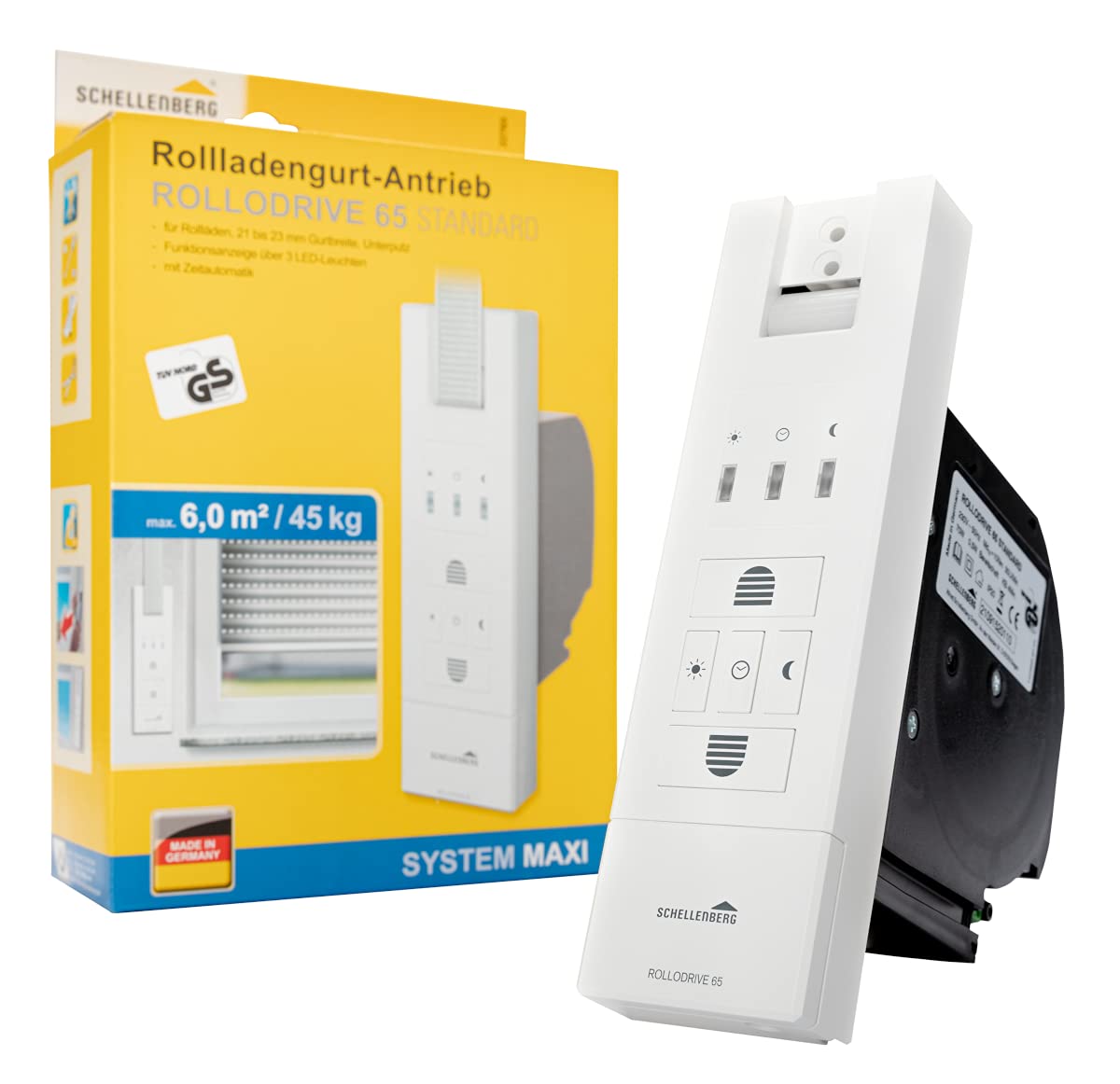Schellenberg 22765 Elektrischer Gurtwickler Unterputz RolloDrive 65 Standard, Rolladenantrieb bis 6 m² Rollladenfläche,für 23 mm Rolladen-Gurt, Zugkraft max. 45 kg, mit Zeitautomatik, Netzstecker