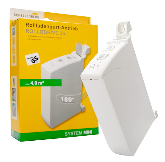 Schellenberg 22735 Elektrischer Gurtwickler Aufputz RolloDrive 35, bis 4 m² Rollladenfläche, für 14 bis 15 mm Gurtbreite, Zugkraft 12 kg, mit Zeitautomatik und Netzteil