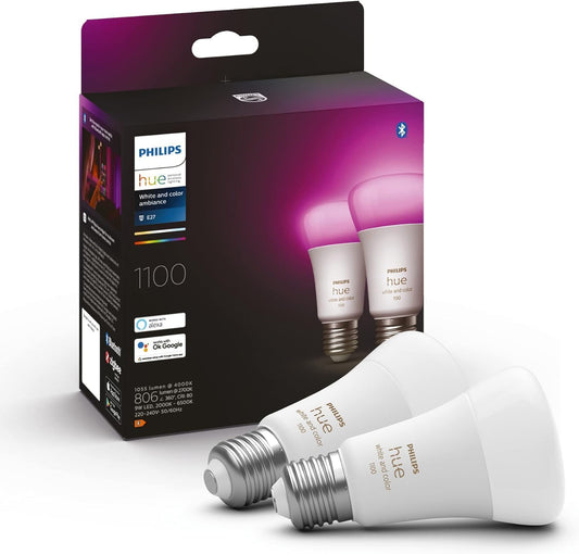 Philips Hue White & Color Ambiance E27 LED Lampen (1100lm), TESTSIEGER Stiftung Warentest (01/2024), dimmbare LED Lampen mit 16 Mio. Farben, smarte Lichtsteuerung über Sprache und App, 2er Pack