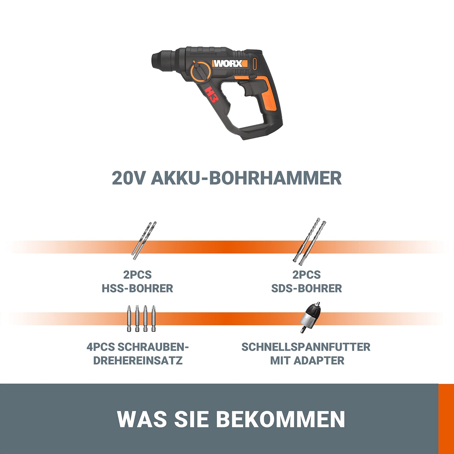WORX WX390.9 Bohrhammer SDS-plus 20V – Kraftvolle Bohrmaschine mit pneumatischem Hammerwerk & Zweithandgriff - ideal zum Schrauben, Bohren & Hämmern – 1,2J Schlagenergie – Ohne Akku & Ladegerät