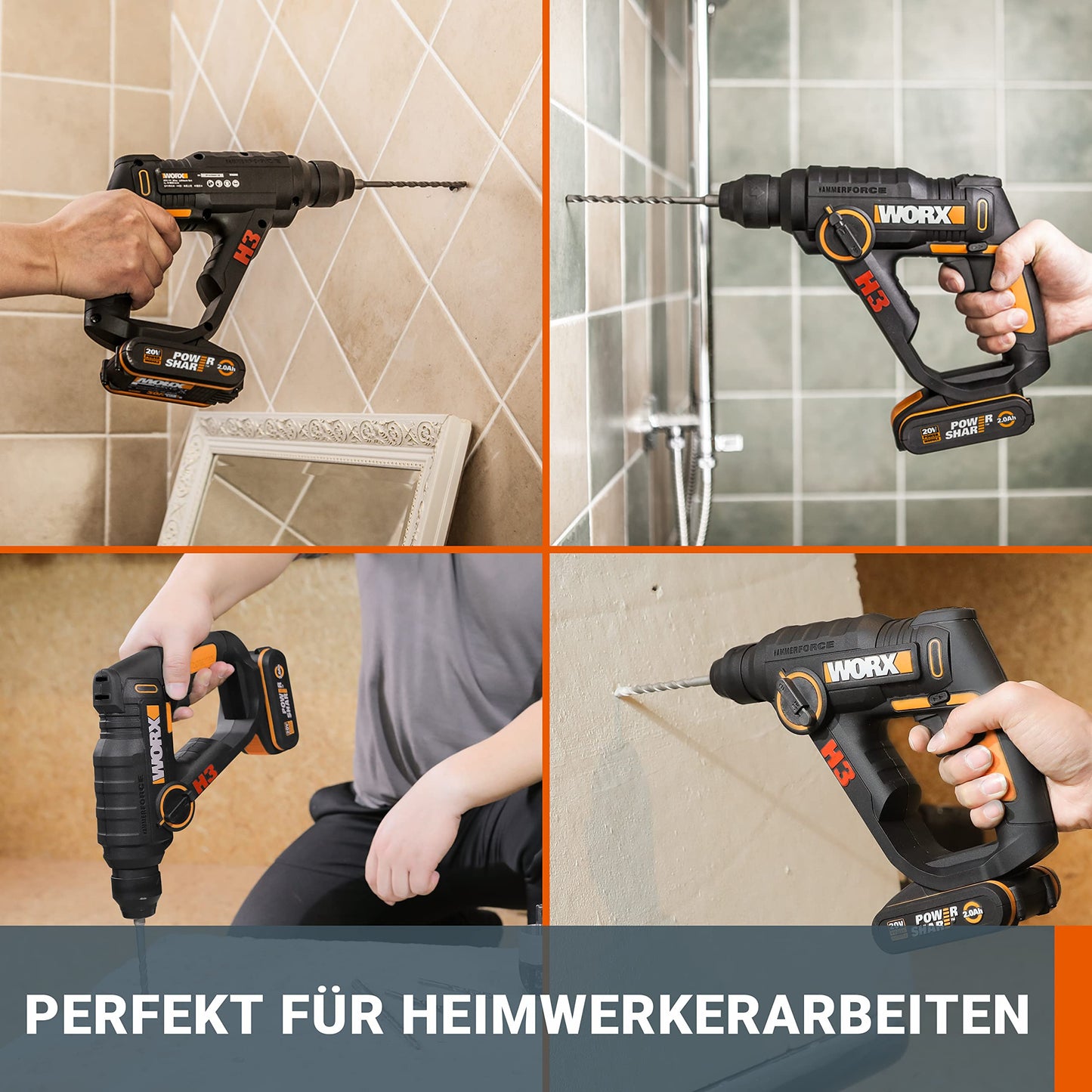 WORX WX390.9 Bohrhammer SDS-plus 20V – Kraftvolle Bohrmaschine mit pneumatischem Hammerwerk & Zweithandgriff - ideal zum Schrauben, Bohren & Hämmern – 1,2J Schlagenergie – Ohne Akku & Ladegerät