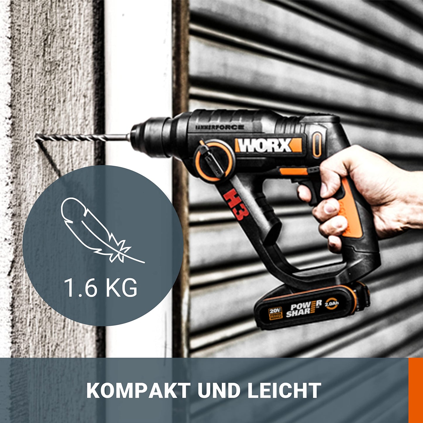 WORX WX390.9 Bohrhammer SDS-plus 20V – Kraftvolle Bohrmaschine mit pneumatischem Hammerwerk & Zweithandgriff - ideal zum Schrauben, Bohren & Hämmern – 1,2J Schlagenergie – Ohne Akku & Ladegerät