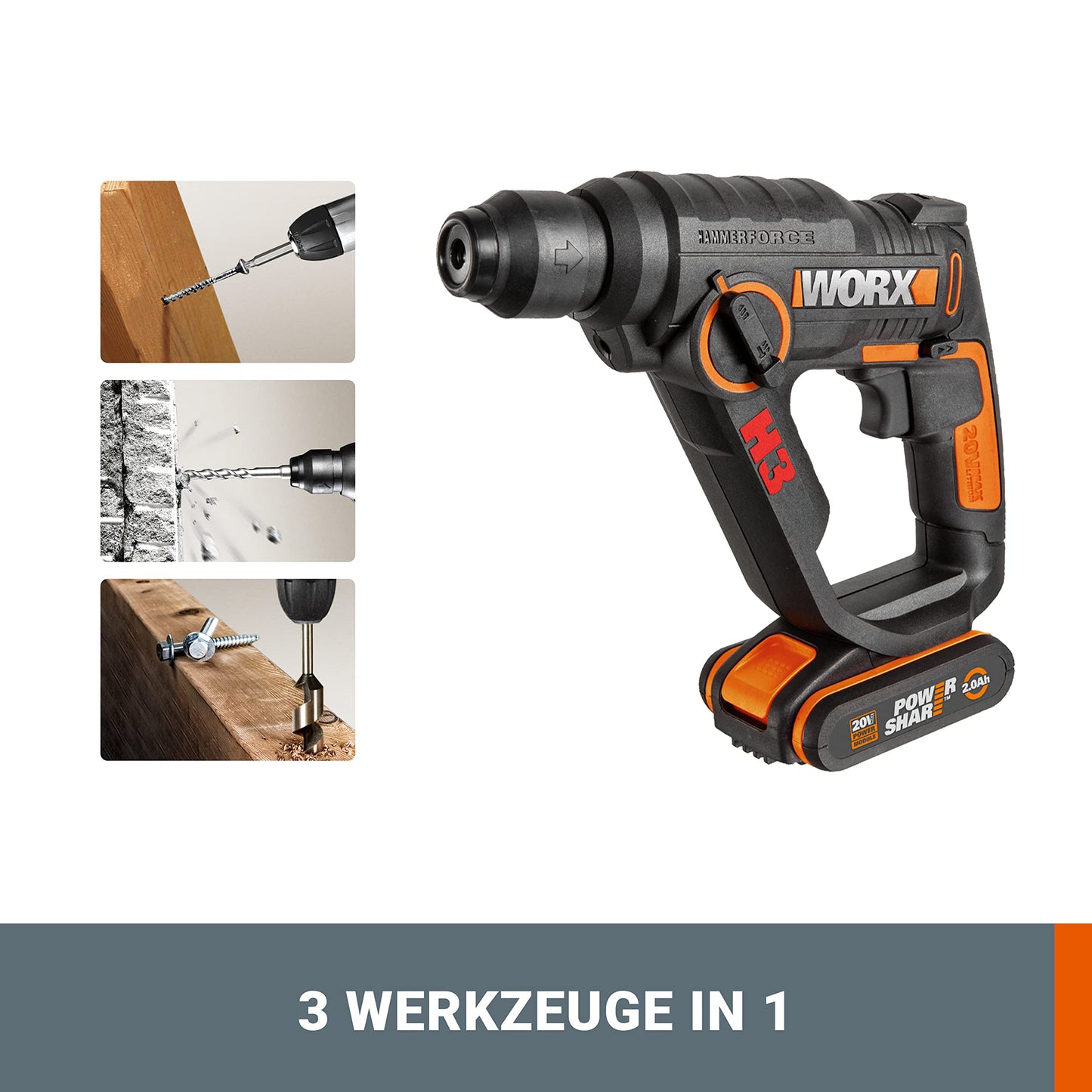 WORX WX390.9 Bohrhammer SDS-plus 20V – Kraftvolle Bohrmaschine mit pneumatischem Hammerwerk & Zweithandgriff - ideal zum Schrauben, Bohren & Hämmern – 1,2J Schlagenergie – Ohne Akku & Ladegerät