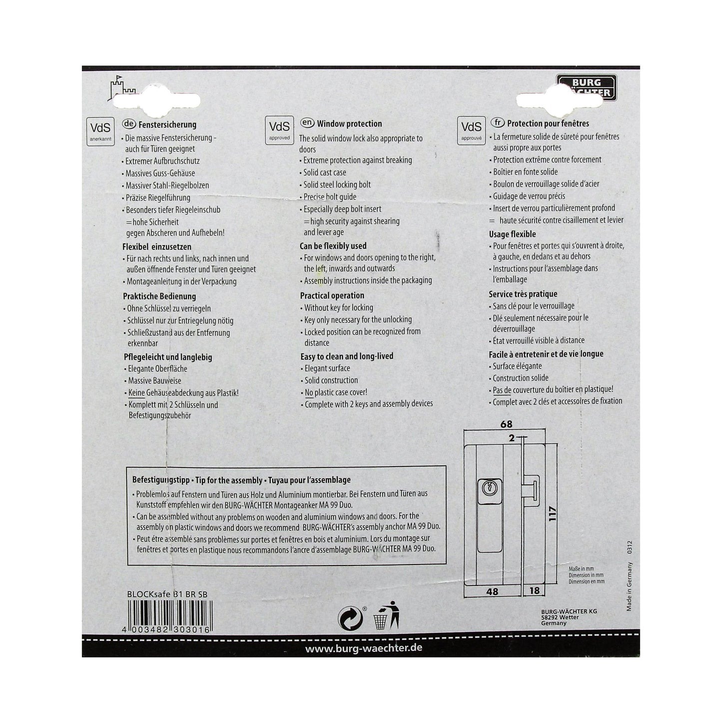 Burg-Wächter Fenstersicherung, Einbruchschutz für Fenster und Balkontüren, Abschließbar, Unter-/Ober-/Griffseite, Kippfenster, BlockSafe BS 2, Weiß