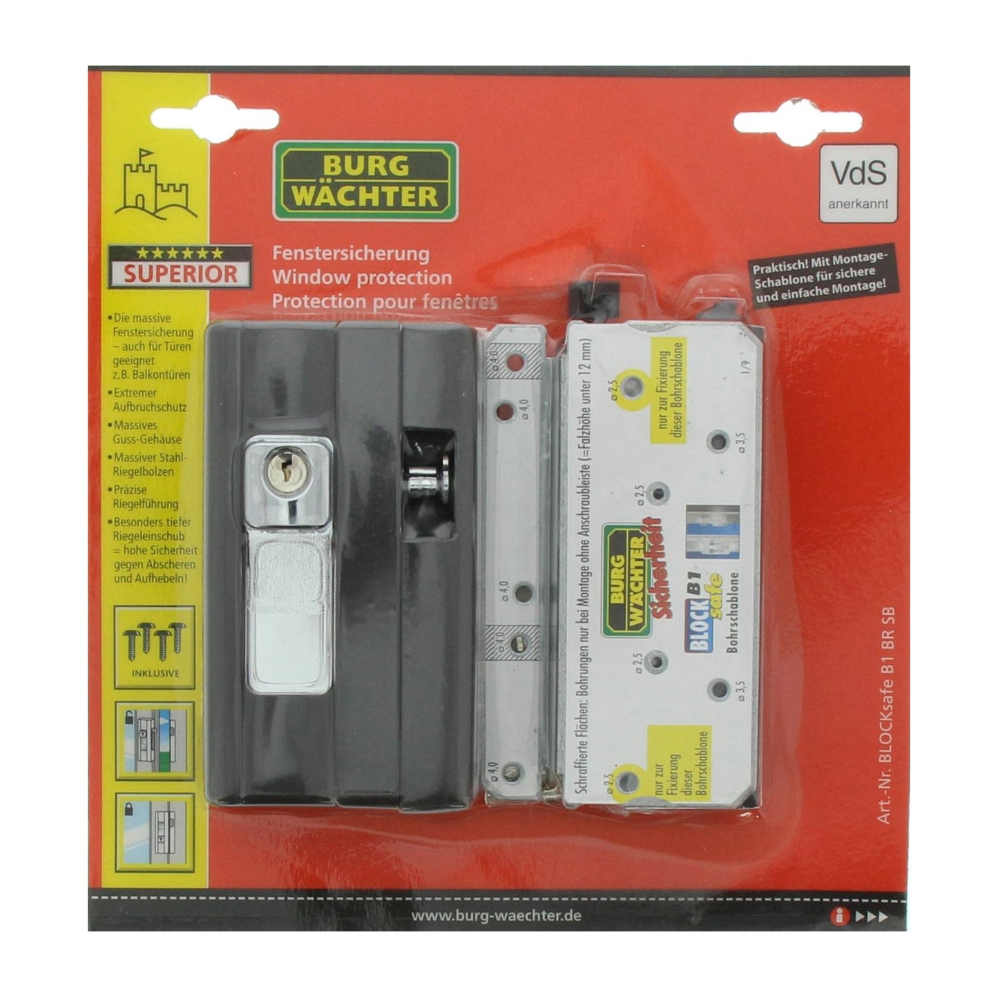 Burg-Wächter Fenstersicherung, Einbruchschutz für Fenster und Balkontüren, Abschließbar, Unter-/Ober-/Griffseite, Kippfenster, BlockSafe BS 2, Weiß