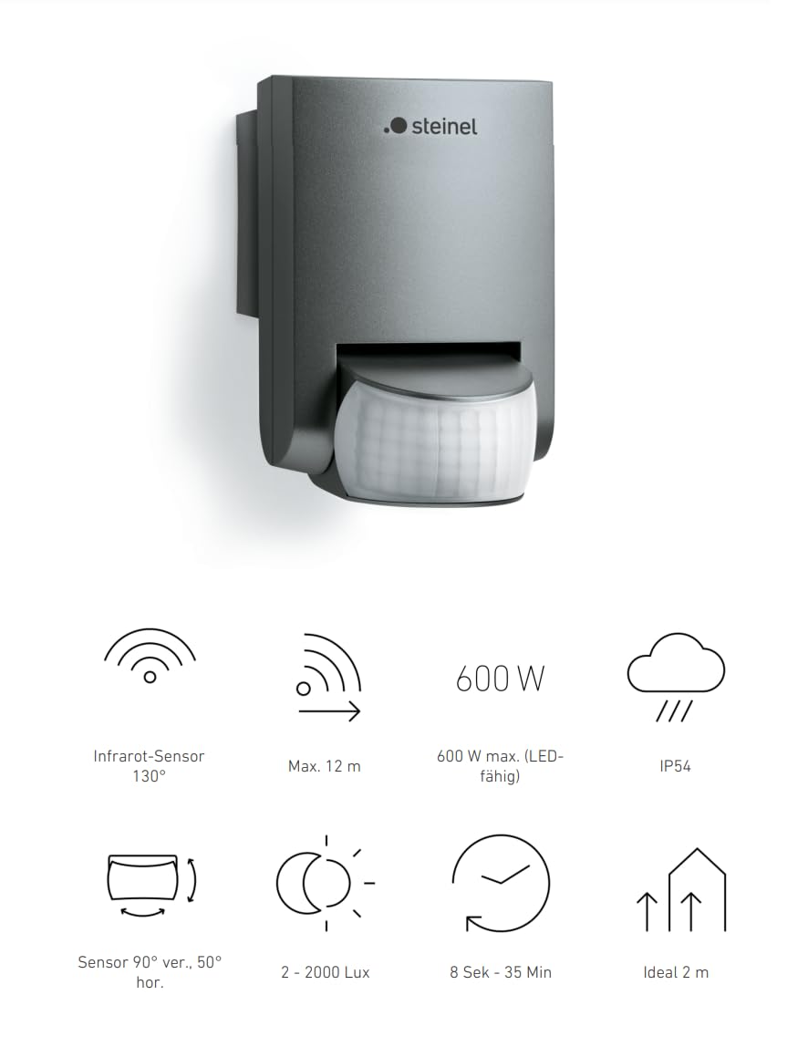 Steinel Bewegungsmelder IS 130-2 anthrazit, 130° Bewegungssensor, 12 m Reichweite, für den Innen- und Außenbereich, IP54