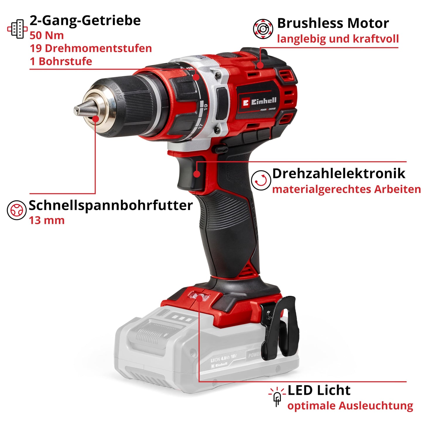 Einhell Professional Akku-Bohrschrauber TP-CD 18/50 Li BL Solo Power X-Change (18 V, Brushless, 50 Nm, 13 mm Bohrfutter, 2 Gang, 20 Drehmomentstufen, ohne Akku)