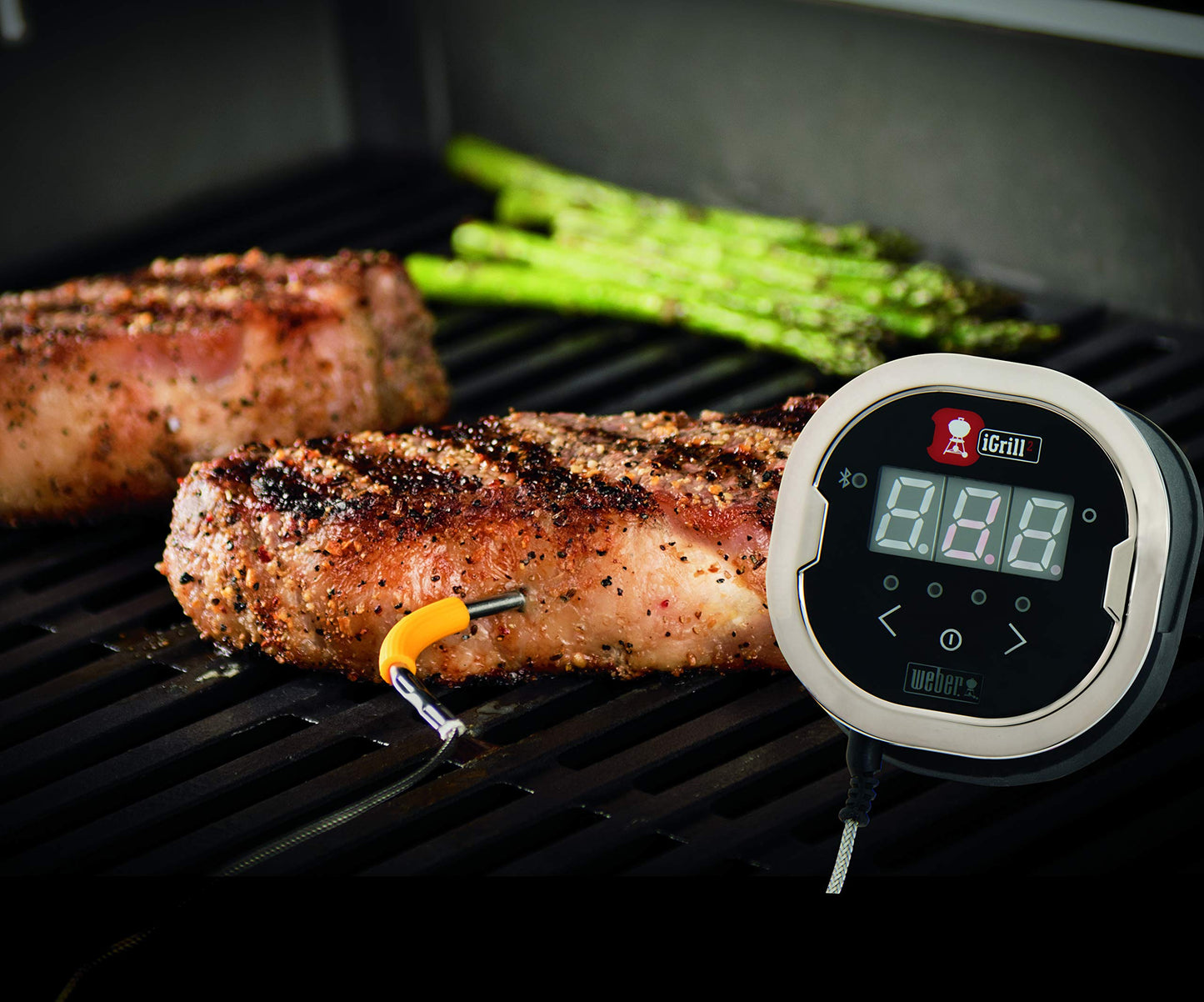 Weber iGrill 2 - intelligentes Fleischthermometer mit Bluetooth inkl. Fühler (4 Anschlüsse möglich), Kontrolle am Gerät & per Smartphone App, Magnethalterung am Gehäuse (7221)