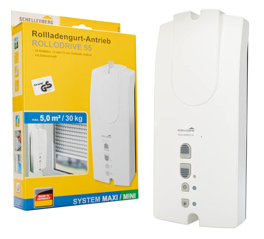 Schellenberg 22755 Elektrischer Gurtwickler Aufputz RolloDrive 55, Rolladenantrieb bis 5 m² Rollladenfläche, für Mini und Maxi Gurtband, Zugkraft max. 30 kg, Antrieb + Zeitautomatik, Komplettset