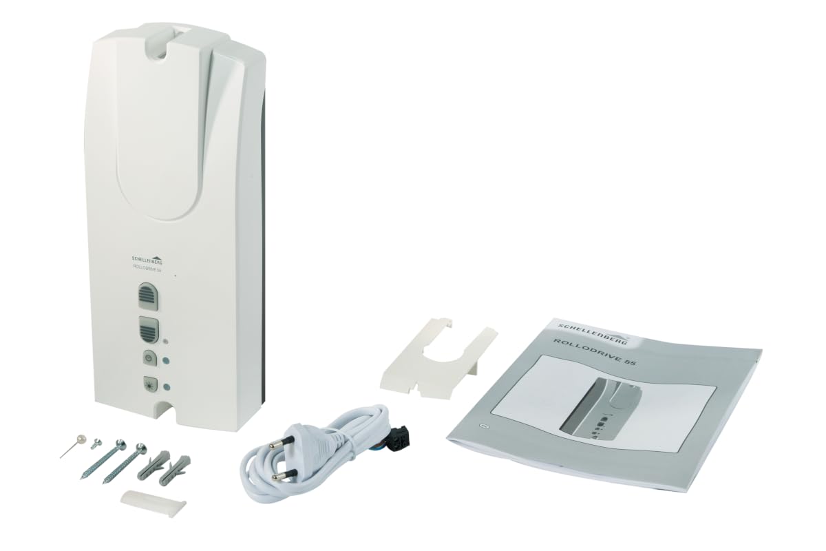 Schellenberg 22755 Elektrischer Gurtwickler Aufputz RolloDrive 55, Rolladenantrieb bis 5 m² Rollladenfläche, für Mini und Maxi Gurtband, Zugkraft max. 30 kg, Antrieb + Zeitautomatik, Komplettset