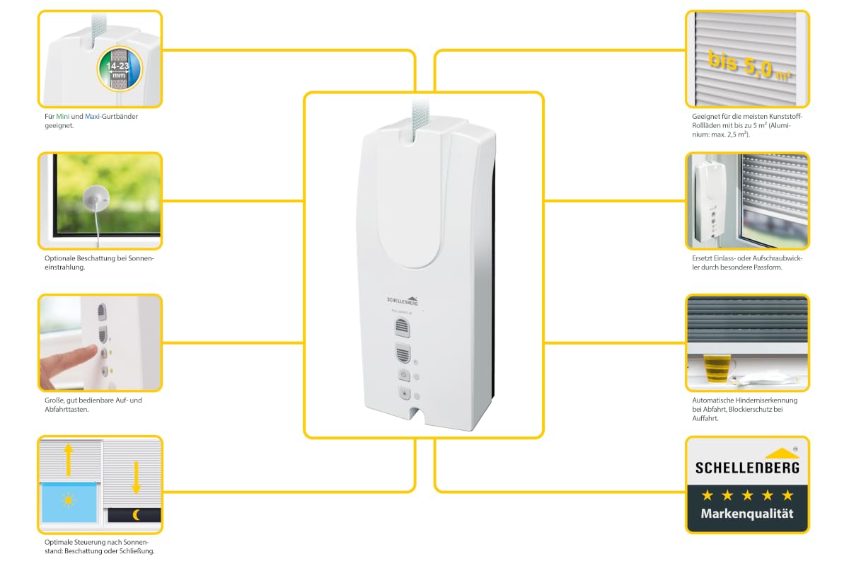 Schellenberg 22755 Elektrischer Gurtwickler Aufputz RolloDrive 55, Rolladenantrieb bis 5 m² Rollladenfläche, für Mini und Maxi Gurtband, Zugkraft max. 30 kg, Antrieb + Zeitautomatik, Komplettset