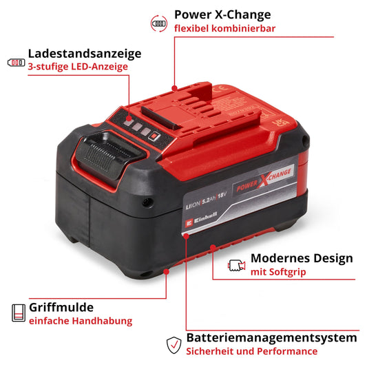 Original Einhell 5,2 Ah Plus System Akku Power X-Change (Li-Ionen Akku, 18 V, 5,2 Ah, passend für alle Power X-Change Geräte)