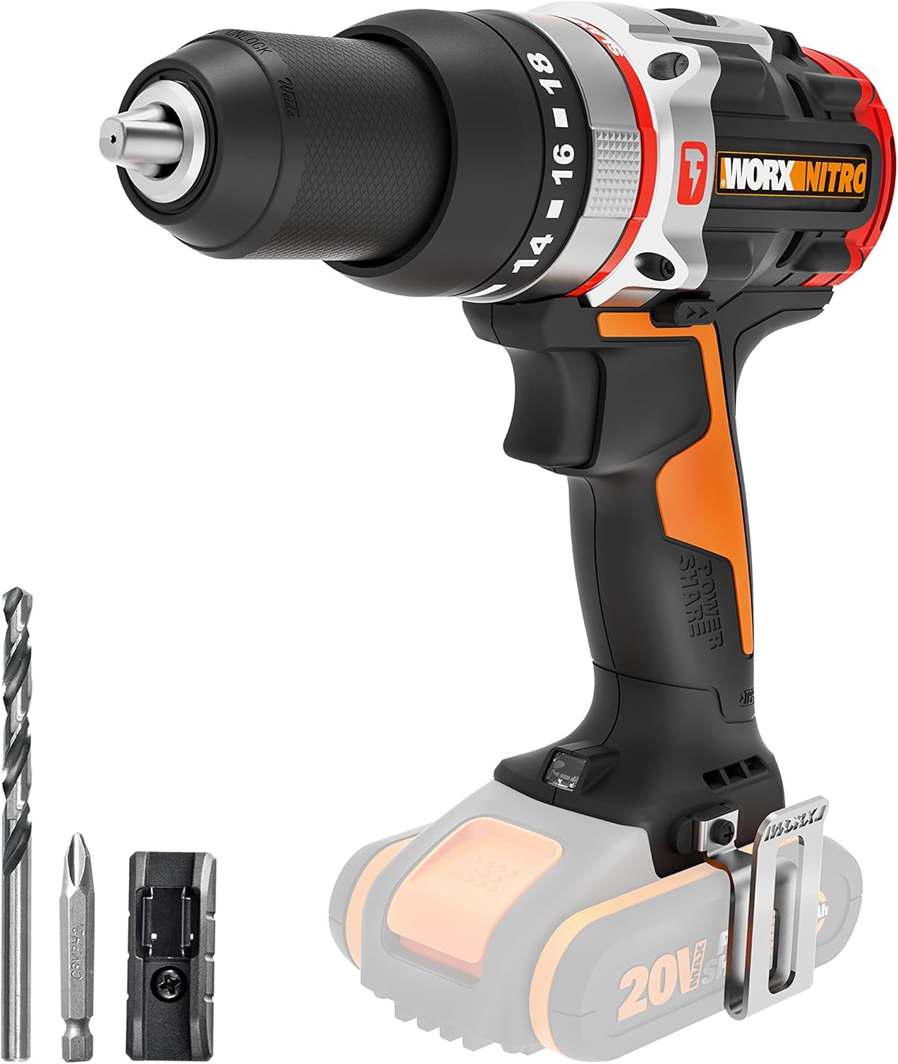 WORX Nitro WX354.9 Akku-Schlagbohrhammer 20V - bürstenloser Motor - 18 Drehmomenteinstellung + Bohren & Hammerbohren - 2-stufige Drehzahlsteuerun - 10mm in Stahlbeton - ohne Akkus & Ladegerät