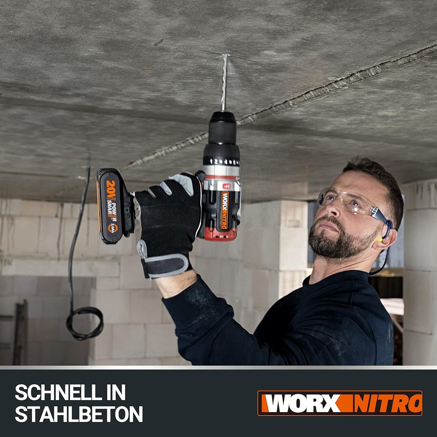WORX Nitro WX354.9 Akku-Schlagbohrhammer 20V - bürstenloser Motor - 18 Drehmomenteinstellung + Bohren & Hammerbohren - 2-stufige Drehzahlsteuerun - 10mm in Stahlbeton - ohne Akkus & Ladegerät