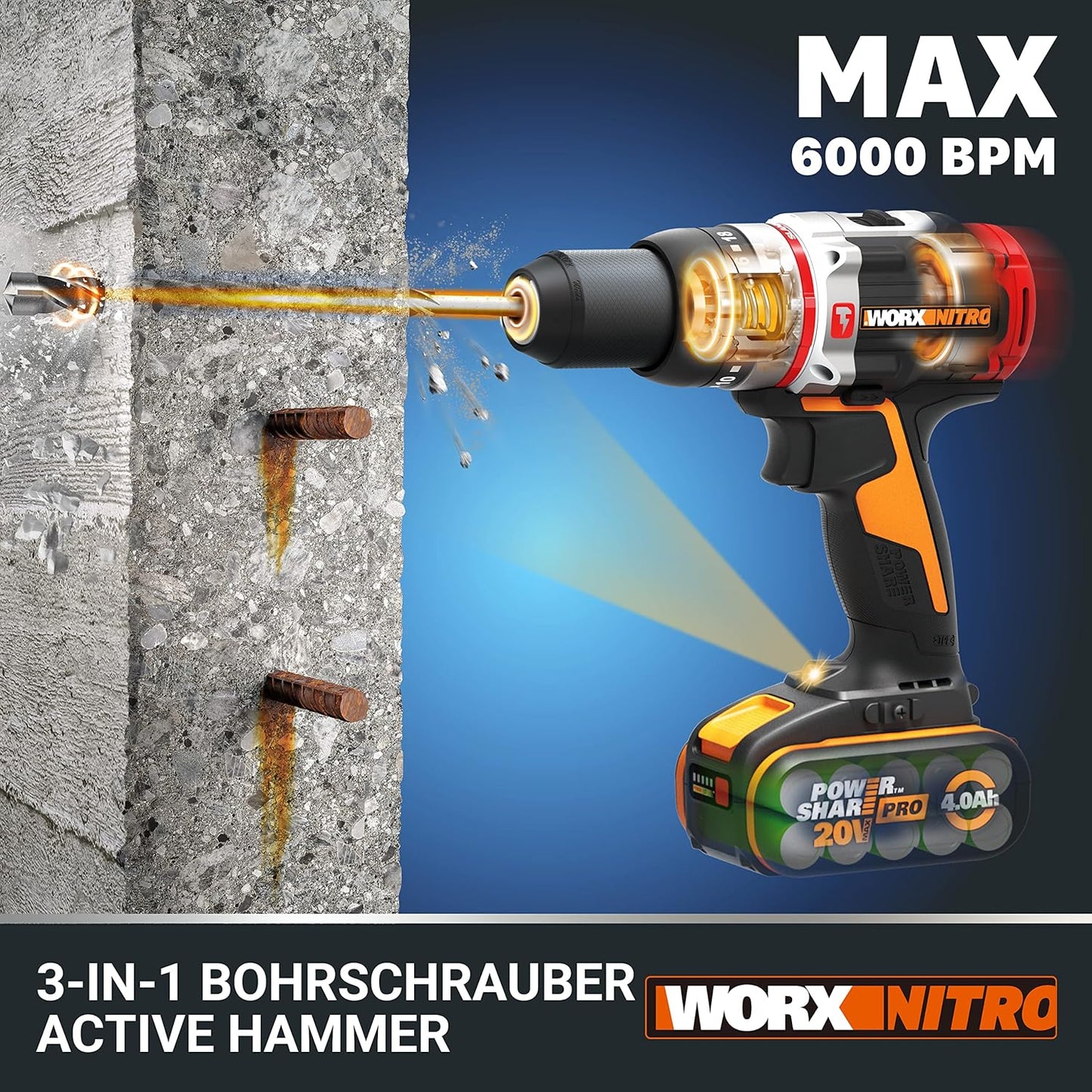 WORX Nitro WX354.9 Akku-Schlagbohrhammer 20V - bürstenloser Motor - 18 Drehmomenteinstellung + Bohren & Hammerbohren - 2-stufige Drehzahlsteuerun - 10mm in Stahlbeton - ohne Akkus & Ladegerät