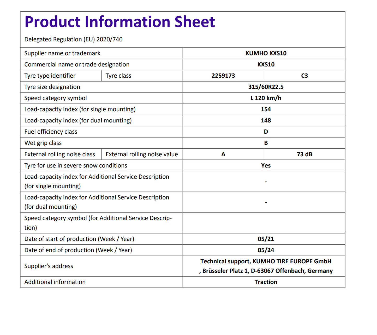 4x Kumho XS10 M+S 3PMSF 315/60 R22.5 154/148L Ganzjahresreifen
