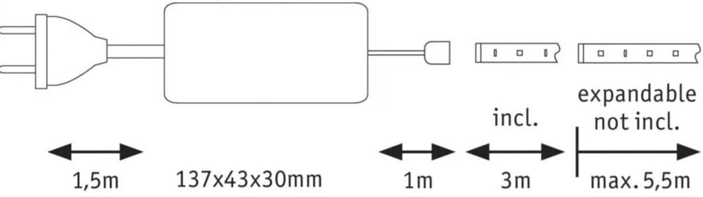 Paulmann Basisset 3 m  LED Streifen 24V LED Strip warmweiß LED Band selbst­kle­bend, er­wei­ter­bar/ kürz­bar, inkl. Trafo, IP44, 18W 1650Lm 2700K, L 300 cm