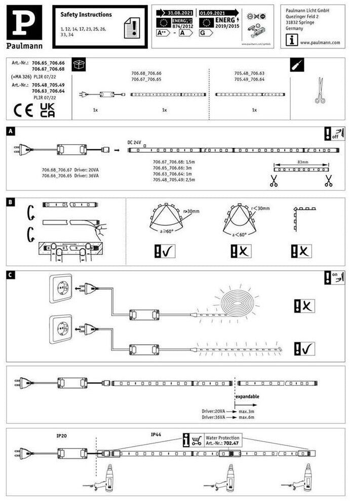 Paulmann Basisset 3 m  LED Streifen 24V LED Strip warmweiß LED Band selbst­kle­bend, er­wei­ter­bar/ kürz­bar, inkl. Trafo, IP44, 18W 1650Lm 2700K, L 300 cm