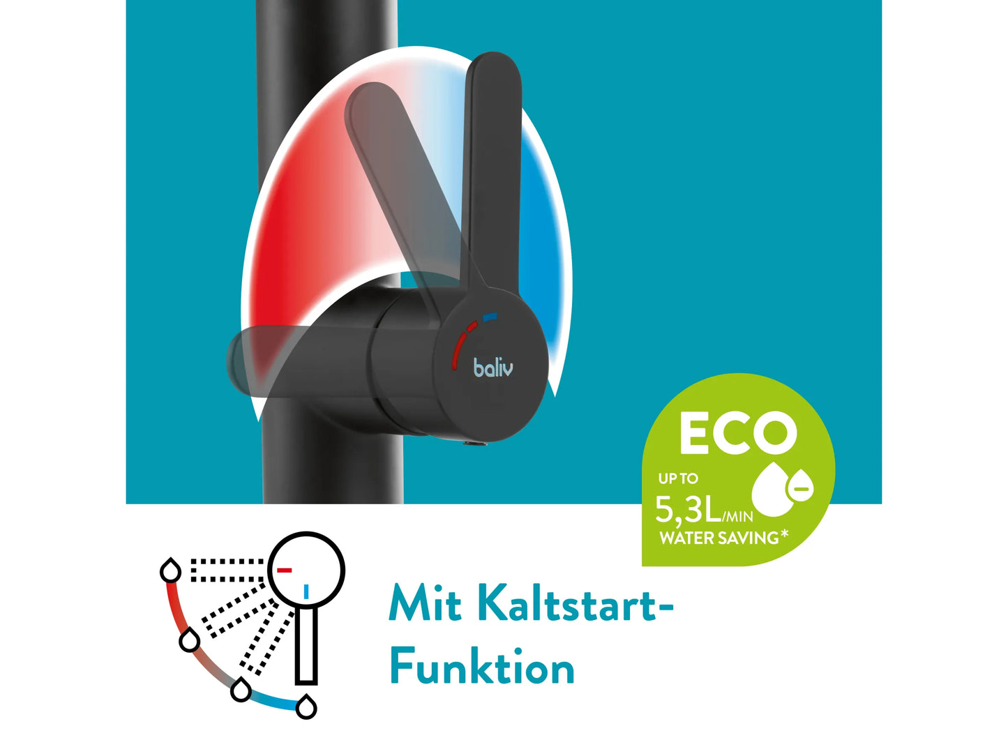 baliv KI-1980 Küchenarmatur Schwarz Matt 360° schwenkbar mit Kaltstart-Funktion