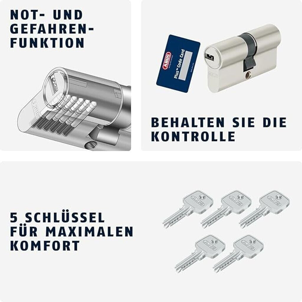 ABUS Pro­fil­zy­lin­der D6XNP 40/40 mit 5 Schlüsseln und Code-Karte - Türschloss für Sicherheit an Haustür und Woh­nungs­tür - Dop­pel­zy­lin­der mit Not- und Ge­fah­ren­funk­ti­on