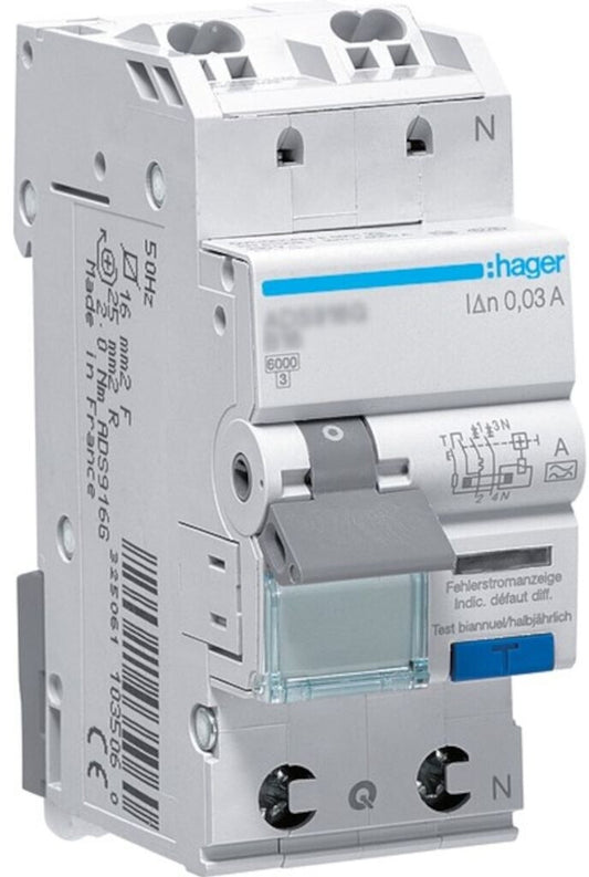 Hager ADS916D FI/LS-Schalter 2-pol B16 30mA Typ A 6kA IP20  ￼