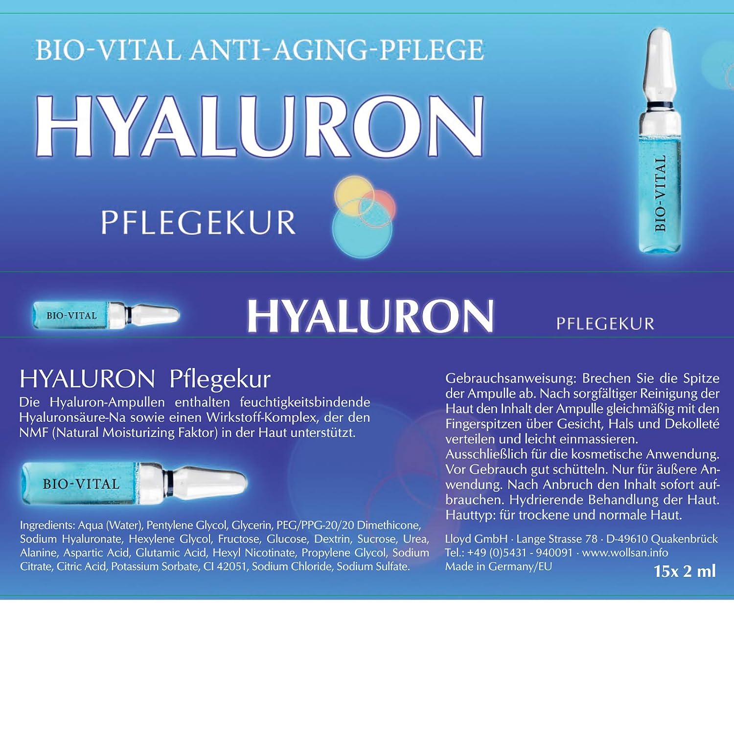 Hyaluron Bio Vital Anti Aging Pflegekur 30 ml hochkonzentrierte Hyaluronsäure, 15 Ampullen á 2 ml, gegen Falten Made in Germany von STREHLER DESIGN