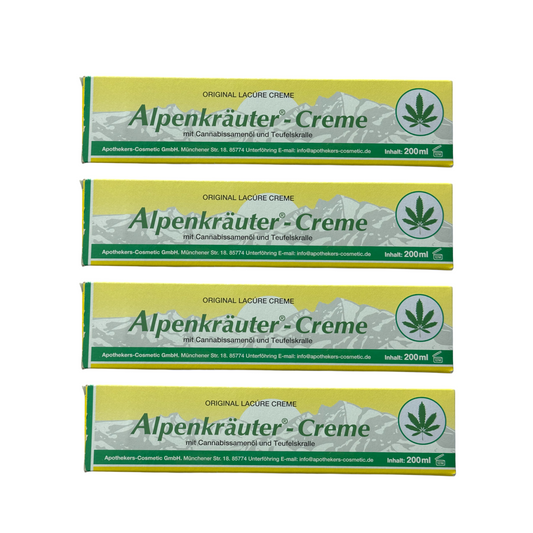 4er Pack  Alpenkräuter Creme – 4x200 ml – Hanföl & Teufelskralle – Massage & Pflegebalsam